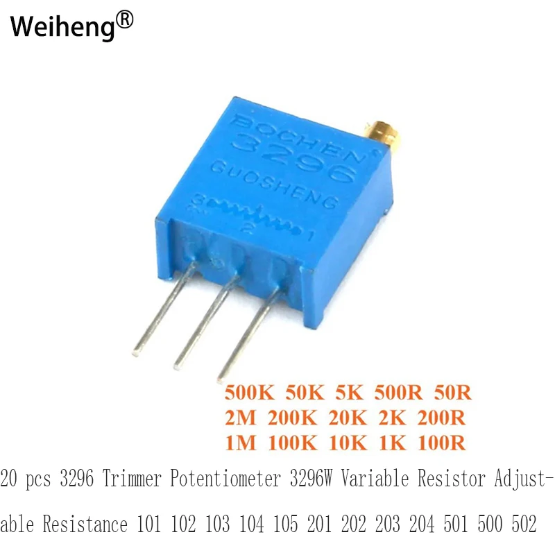 20 pcs 3296 Trimmer Potentiometer 3296W Variable Resistor Adjustable Resistance 101 102 103 104 105 201 202 203 204 501 500 502