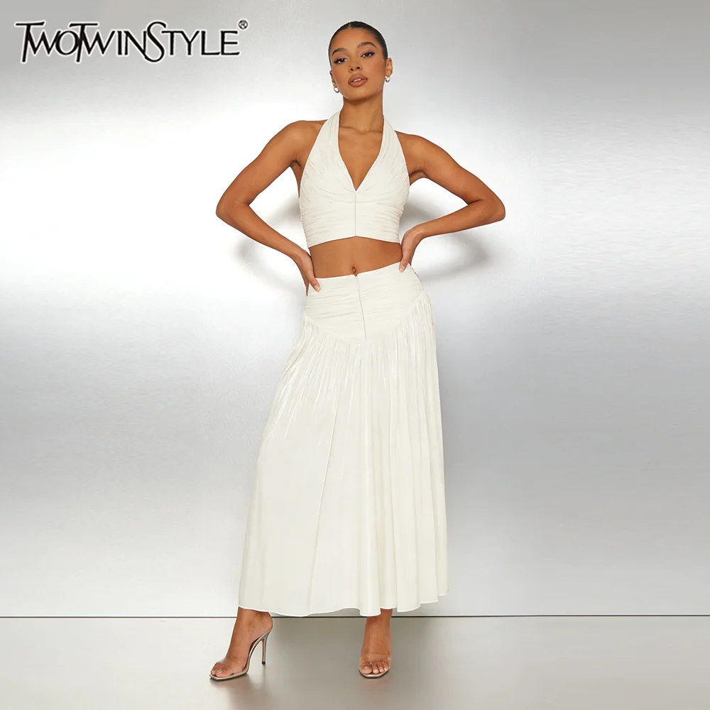 

TWOTWINSTYLE утягивающие комплекты из двух предметов для женщин, короткий жилет без рукавов с лямкой на шее, юбка с высокой талией, элегантный женский комплект