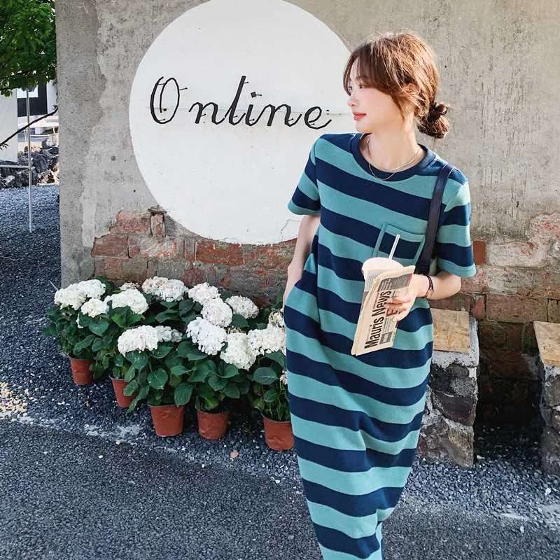 Été nouveau femmes rayé ort Sve t-shirt Dr décontracté trajet Sle taille ample a-ligne jupe en Fiber de Polyester