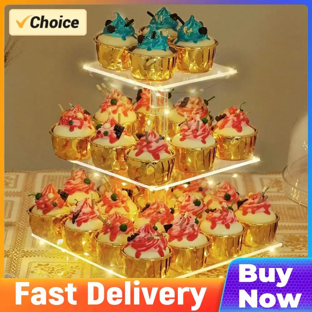 

Многоярусная акриловая подставка для кексов (3/4 яруса) с LED-подсветкой, квадратная подставка для торта, сервировочное блюдо для дня рождения, свадьбы, вечеринки