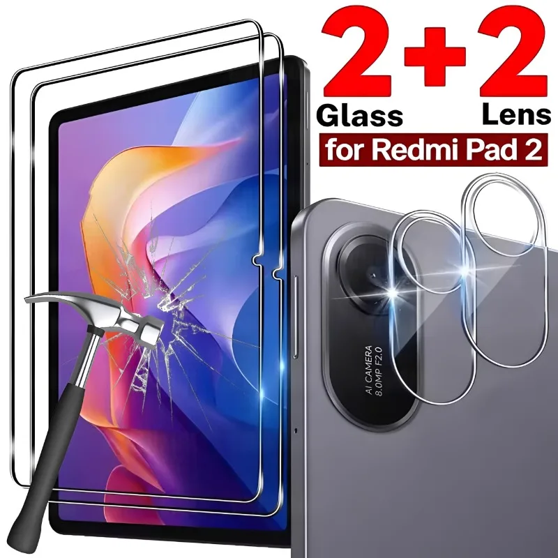 4in1 Screen Protector for Redmi Pad 2 Tablet Tempered Glass Film Rear Camera Lens Protector Anti-fall/Anti-scratch Glass 11 Inch