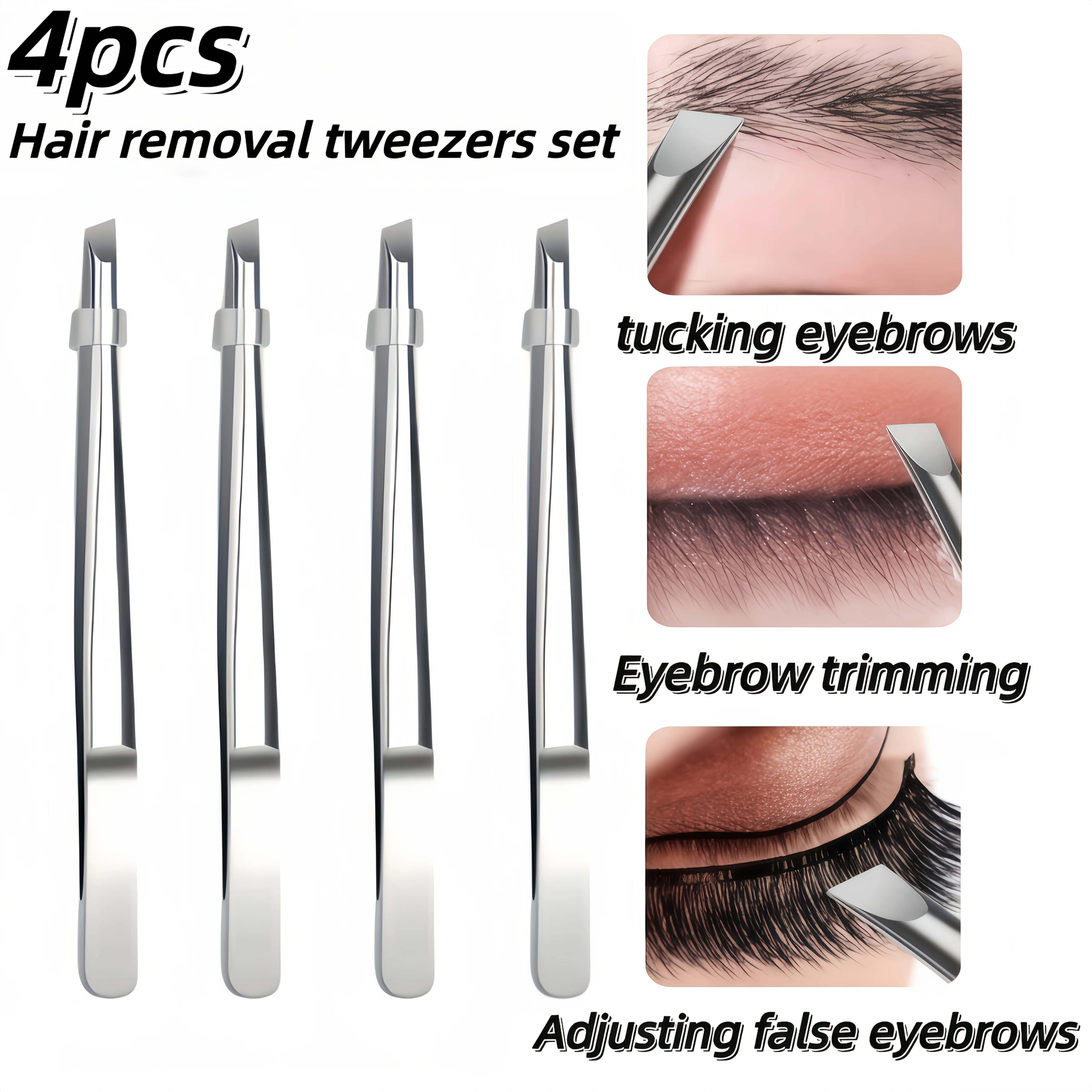 4pcs Stainless Steel Eyebrow Tweezers Set Hair Removal Beard Removal Tweezers Slanted Eyebrow Clip Hair