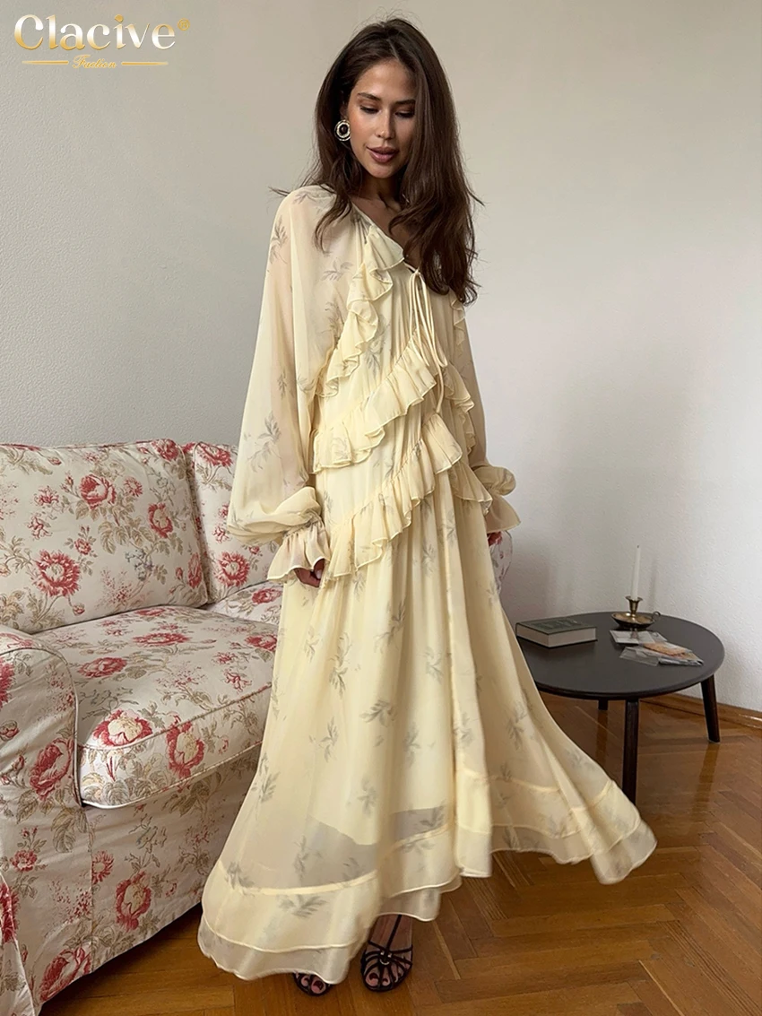 

Clacive Fashion Loose Print Women Dress 2025 Casual V-Neck Long Sleeve Ankle Length Dresses Elegant Classic Ruffles Female Dress