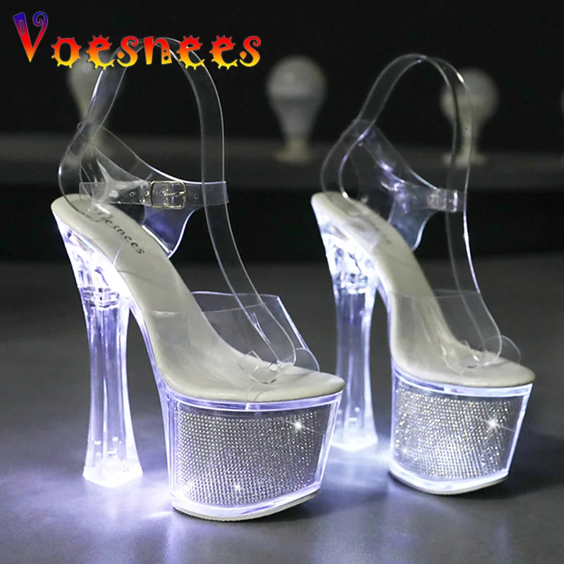 Voesnees Super High Heel Nightclub LED Light Up Luminous Crystal Sandals Women Transparent Star Platform Sexy Pole Dancing Shoes