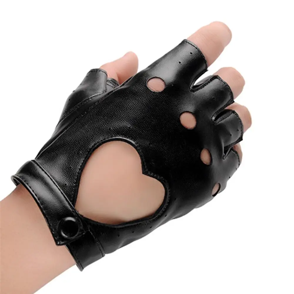 Women Fashion PU Leather Half Finger Gloves Cool Heart Hollow Fingerless Gloves Boy Gloves Girl Five Finger Gothic Party Gloves