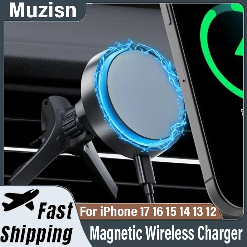 

Автомобильный магнитный держатель для телефона, беспроводное зарядное устройство, подставка со светодиодной подсветкой для iPhone 1716 15 14 13 12 Samsung Z Fold 7/Z Flip 7 6 Fast Chargin
