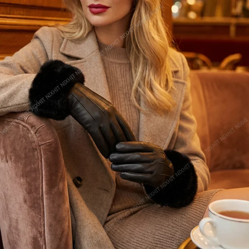 Elegant Fashion Winter Outdoor Cycling Luxury Women's PU Leather Gloves Wrist Soft Faux Fur Trim Cuff Warm Touch Screen