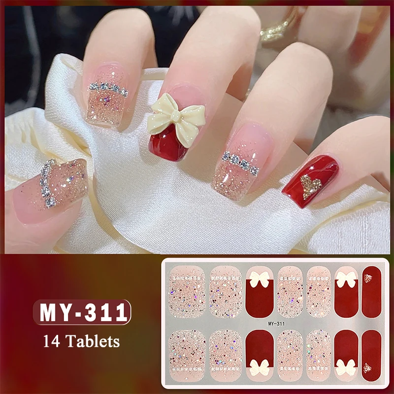 14Tips Glitter Bowknot Full Cover Nail Stickers Shiny Flowers Adhesive Press on Nail Decals Manicure DIY Full Cover Nail Wraps