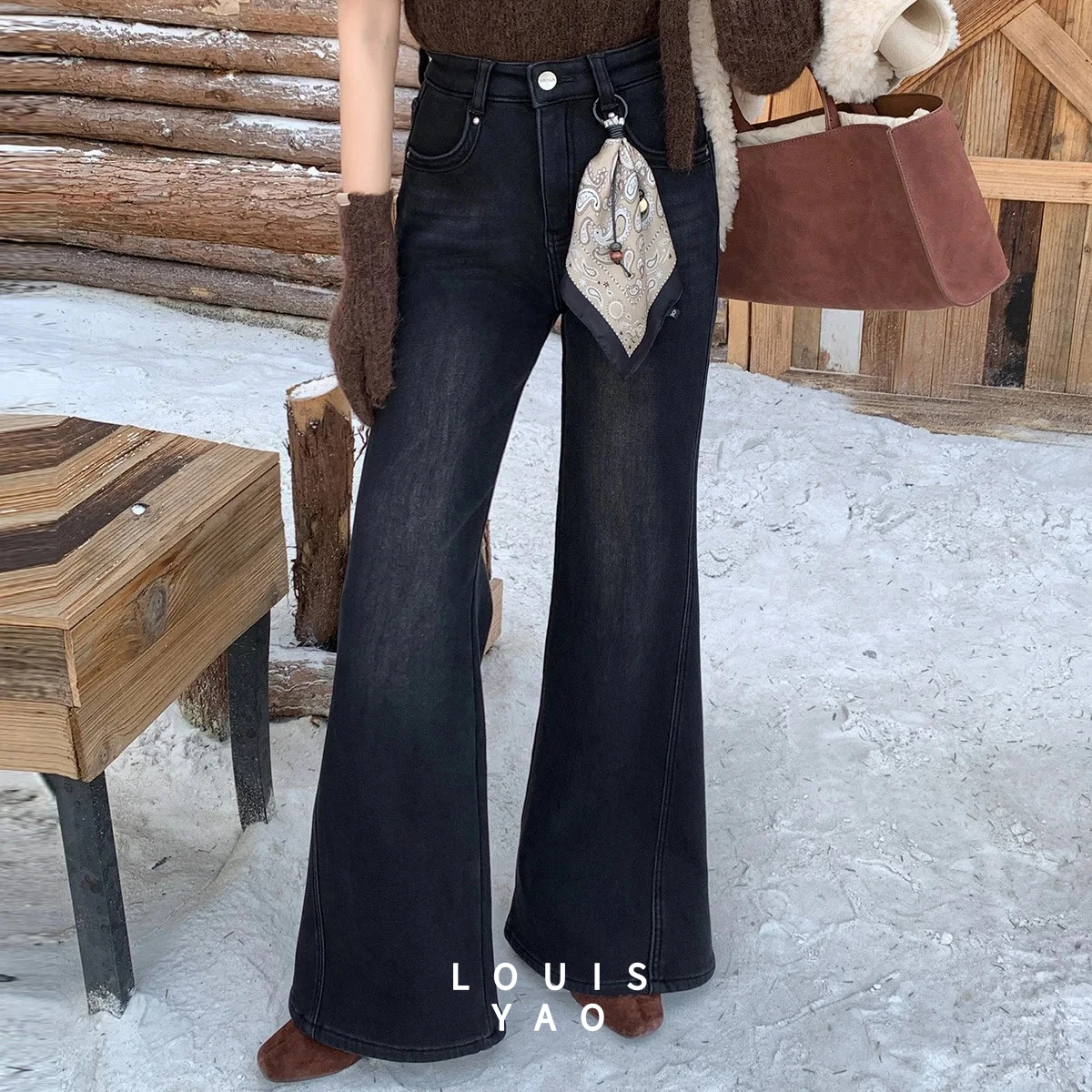 

Джинсы-клеш LOUISYAO для женщин, осень-зима 2026, премиум-класса, винтажный стиль, эластичные, длинные, повседневные, новинка