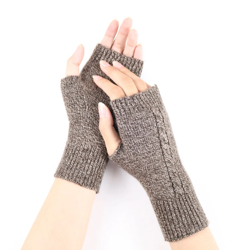 Sparsil Winter Knitted Cashmere Fingerless Gloves Woman Half Finger Twist Hand Arm Wrist Glove Thick Stretch Wool Mittens Warmer