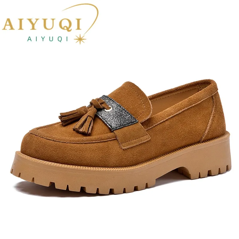 AIYUQI Loafers Shoes Female Suede Genuine Leather 2024 New British Style Women\'s Spring Shoes Large -size Fracus Ladies Shoes