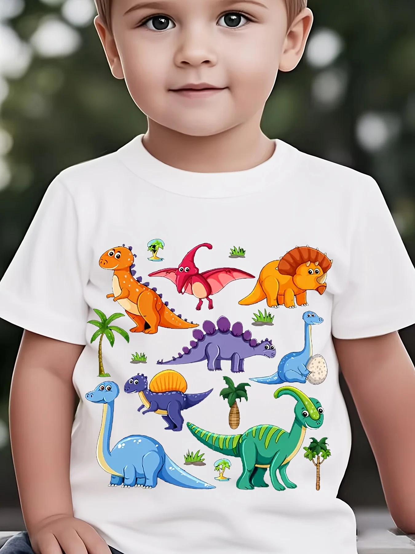Boys and Girls Cartoon T-Shirt, Dinosaur Pattern Comfortable Short Sleeve, Round Neck Top, Summer Clothing for Children Ages 1-8