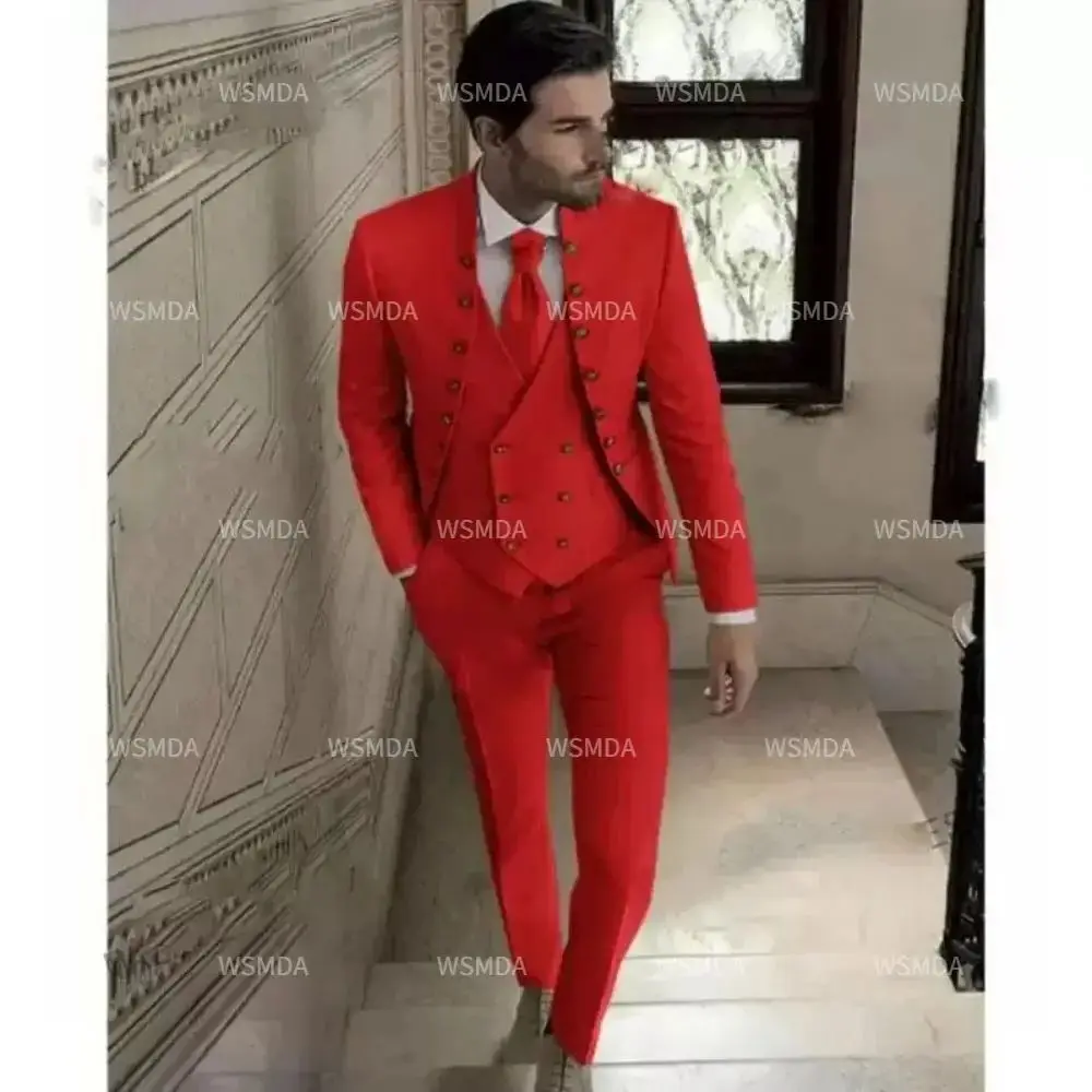 Setelan jas Formal pria dengan kerah 3 potong, tuksedo pernikahan, jaket ketat pria, Set celana 2024 (Blazer + celana + rompi)