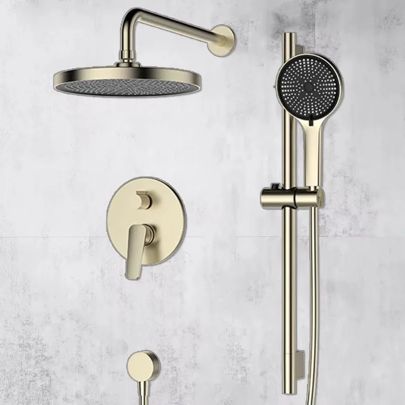 

Modern Ruskin wall shower system with rain shower head and handheld