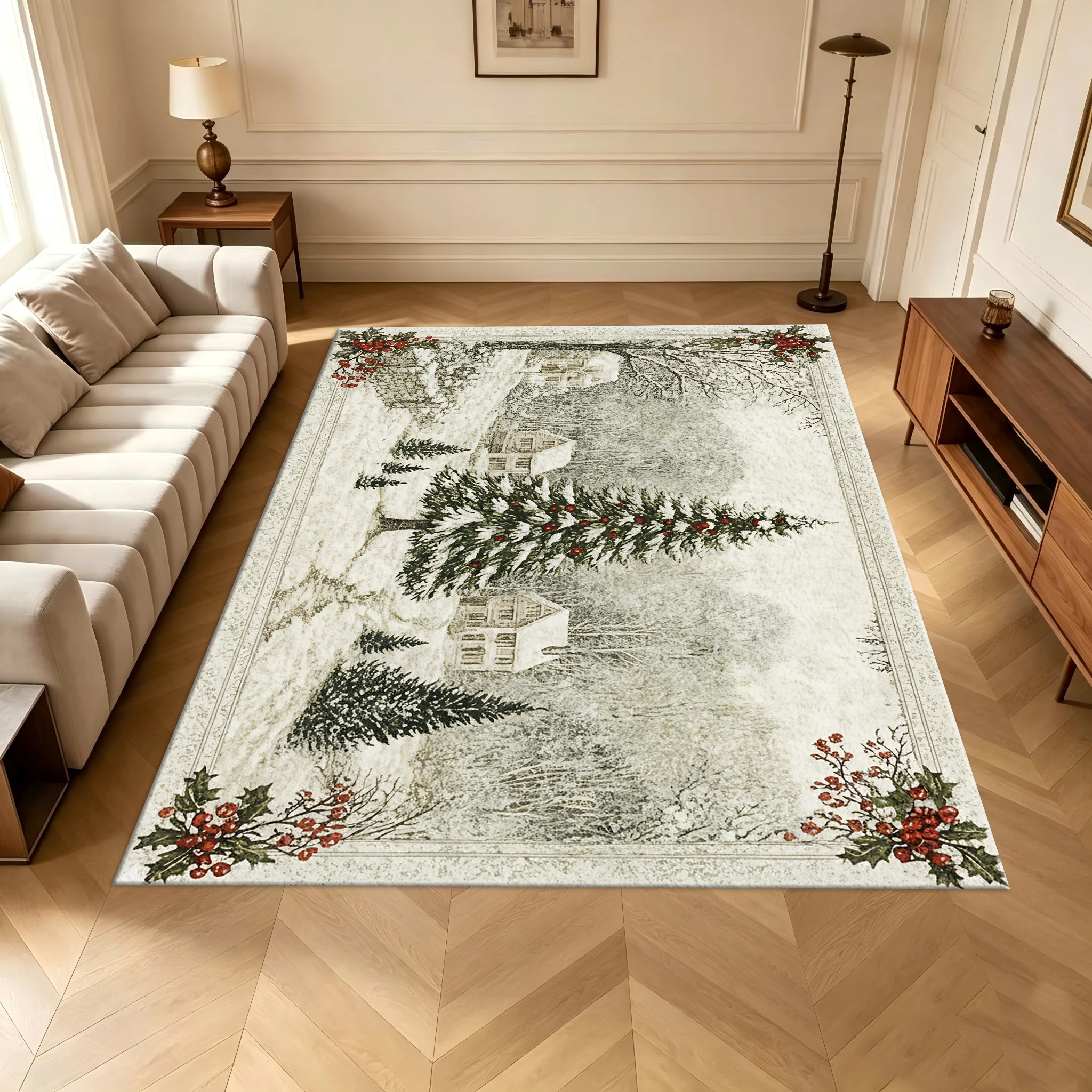 Vintage Winter Christmas Village Scene Pattern Carpet Snow White Pine Tree Holly Fruit Floor Mat Carpet