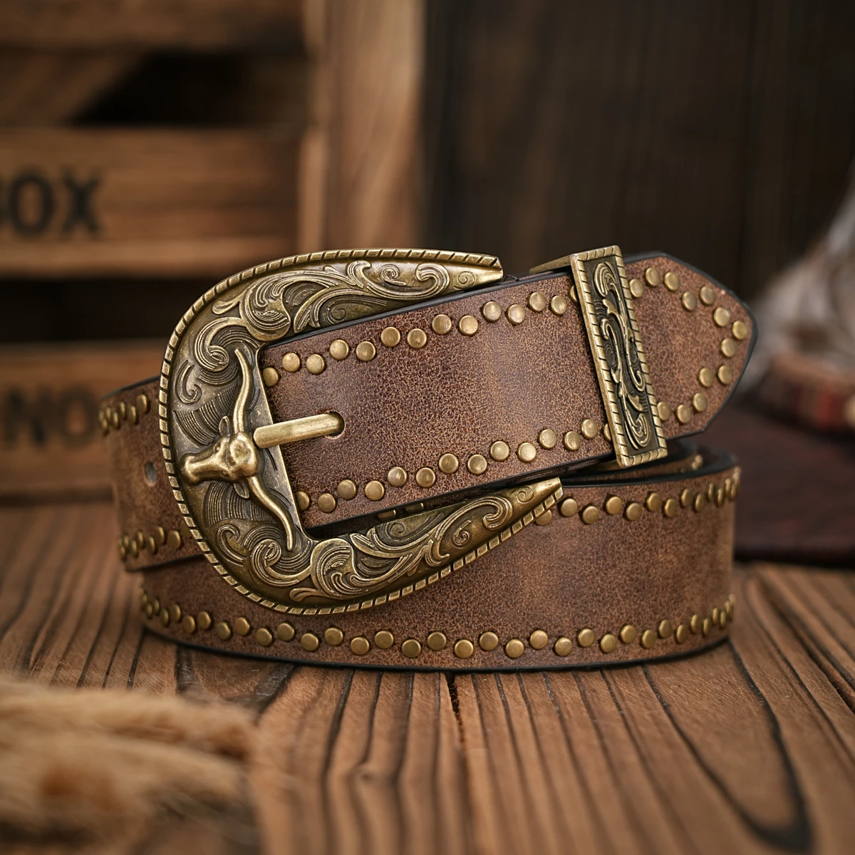 Men - Women - Western Denim - pu leather - Belt - Vintage jeans with floral carved buckle belt