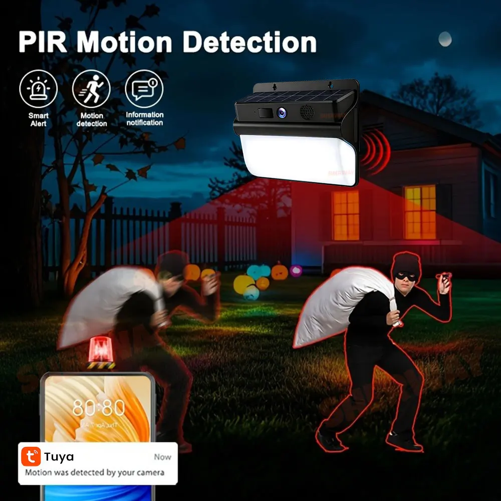 กล้องวงจรปิดพลังงานแสงอาทิตย์ 2K Tuya Floodlight WiFi ความละเอียดสูง 5MP ไร้สาย ใช้พลังงานต่ำ แบตเตอรี่ในตัว ตรวจจับความเคลื่อนไหวด้วย PIR ตรวจจับมนุษย์ สำหรับภายนอกอาคาร