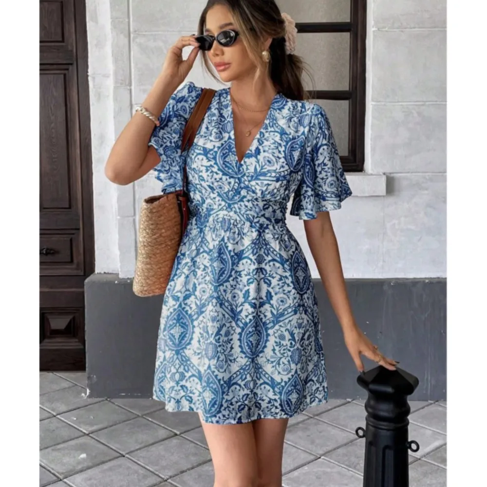 여름 프린트 러플 반팔 여성 비치 드레스 섹시한 딥 브이넥 캐주얼 휴가 우아한 여성 탄력 허리 미니 드레스