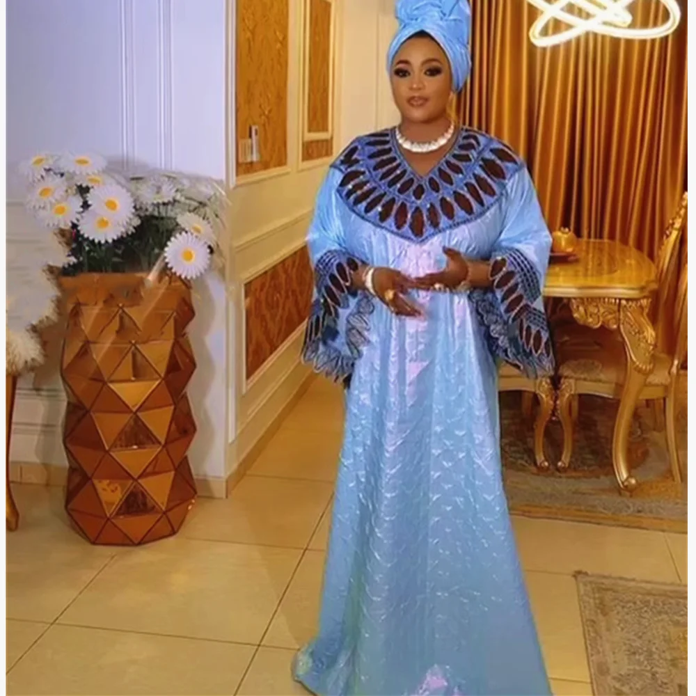 

Elegant African Dresses for Women Dashiki Traditional Embroidery Robe Africa Clothes Ankara Outfit Evening Gown with headscarf