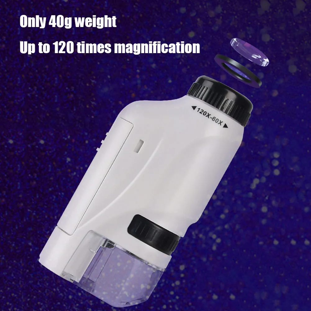 Imagem -04 - Mini Bolso Handheld Microscópio Kit Alimentado por Pilhas Ciência Biológica Led Lab Light 60x120x Ciência Biológica