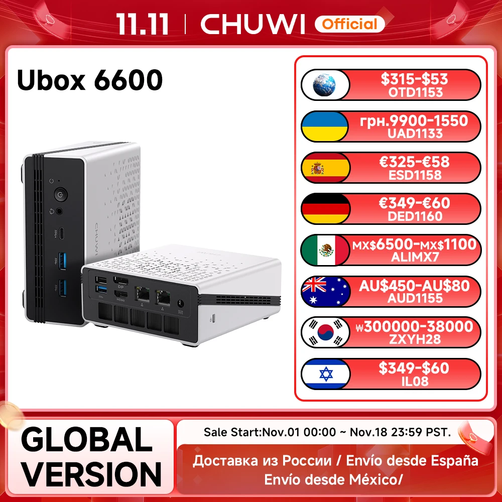 CHUWI UBox 미니 PC Ryzen 6600H 프로세서 AMD CPU 16GB 램 512GB SSD 윈도우 11 데스크탑 컴퓨터 PC 4K 디코딩 WIFI 6 PC