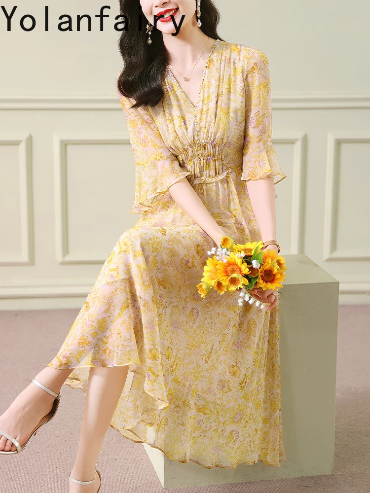 YOLANFAIRY High-end 100% vera seta di gelso vestito da donna 2025 estate francese elegante abito floreale con scollo a V abiti lunghi da vacanza