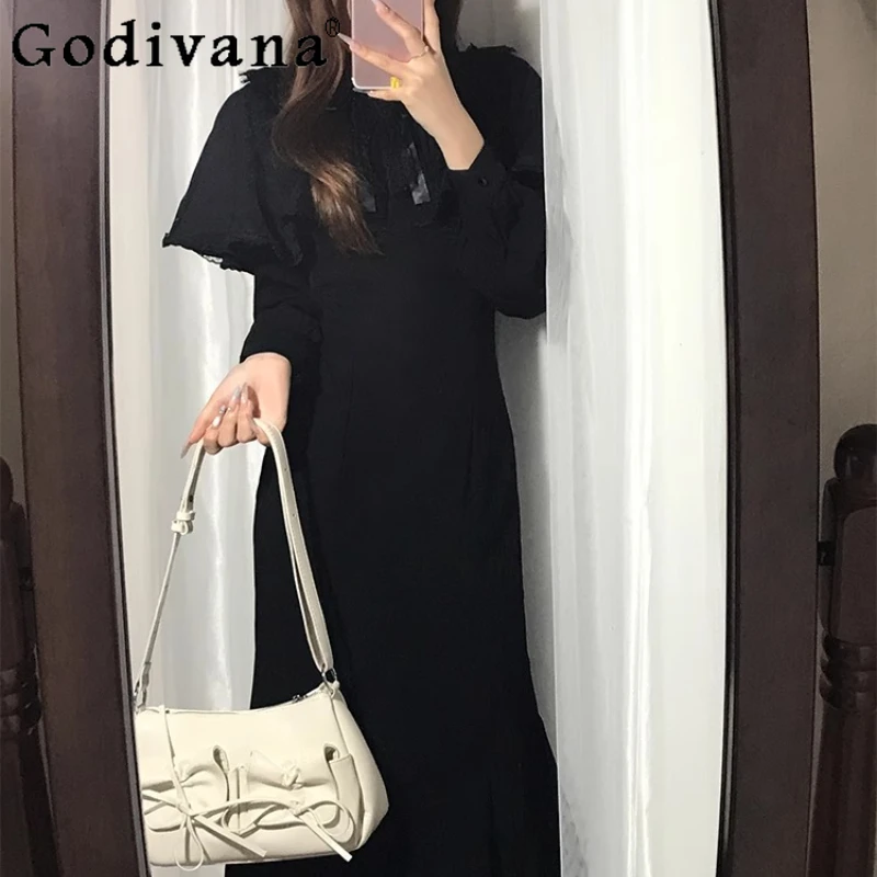 French Hepburn Style Black Cape Dress for Women Spring Autumn Waist-Cinching Lolita Dress Female Bodycon Mermaid Long Dress
