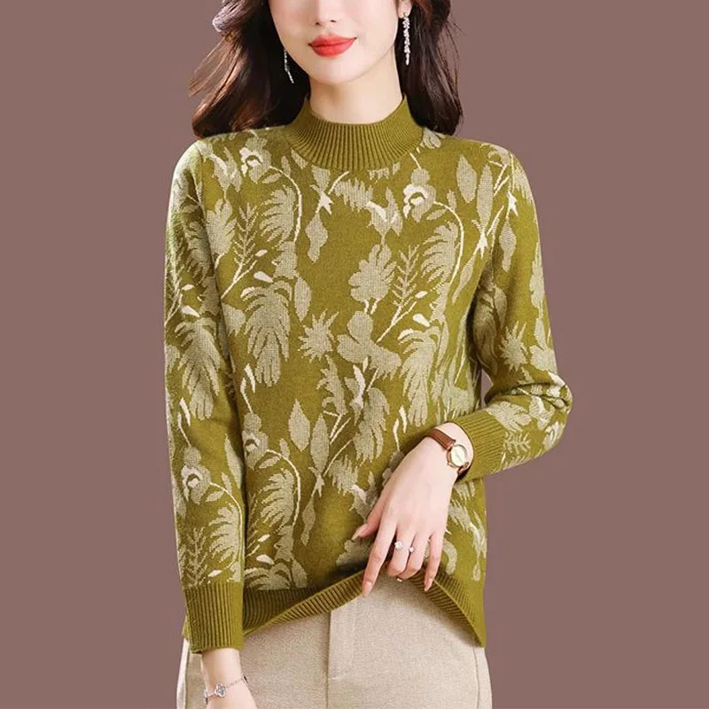 Autumn Fashionable and Fashionable High End Half High Neck Jacquard Loose and Versatile Casual Reducing Age Mother\'s Sweater