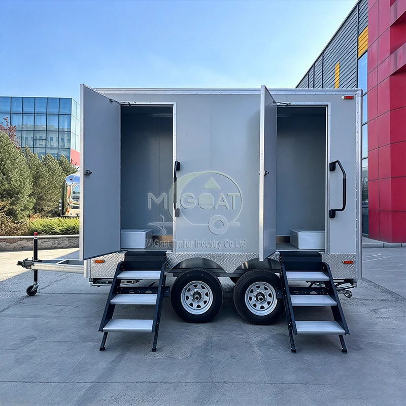 Towable Front & Rear Four Room Mobile Restroom Trailer with Ventilation System Anti-slip Floor Outdoor Temporary Public Toilet