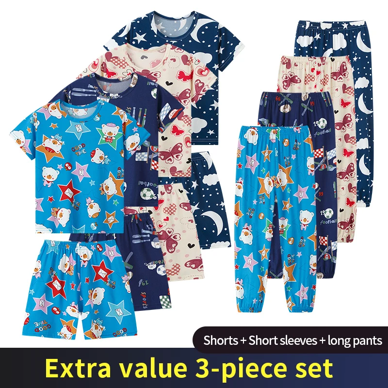 

3-Piece Children's Fashion Printed Multicolor Home Service Suit Boy Casual T-shirt Girl Sweet Love Pattern Comfortable Shorts