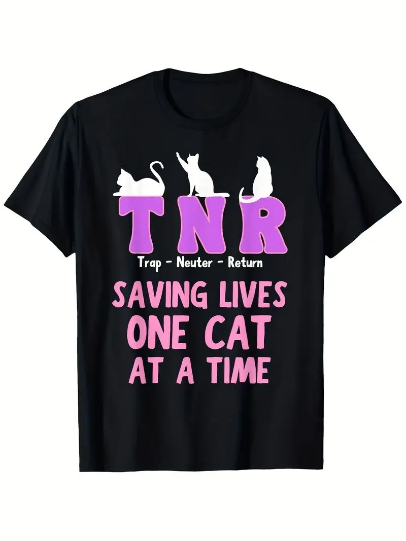 Funny Vintage Graphic Tee Tnr Trap Neuter Return Saving Lives One Cat At A Time Men's Casual Print Short Sleeve Round Neck