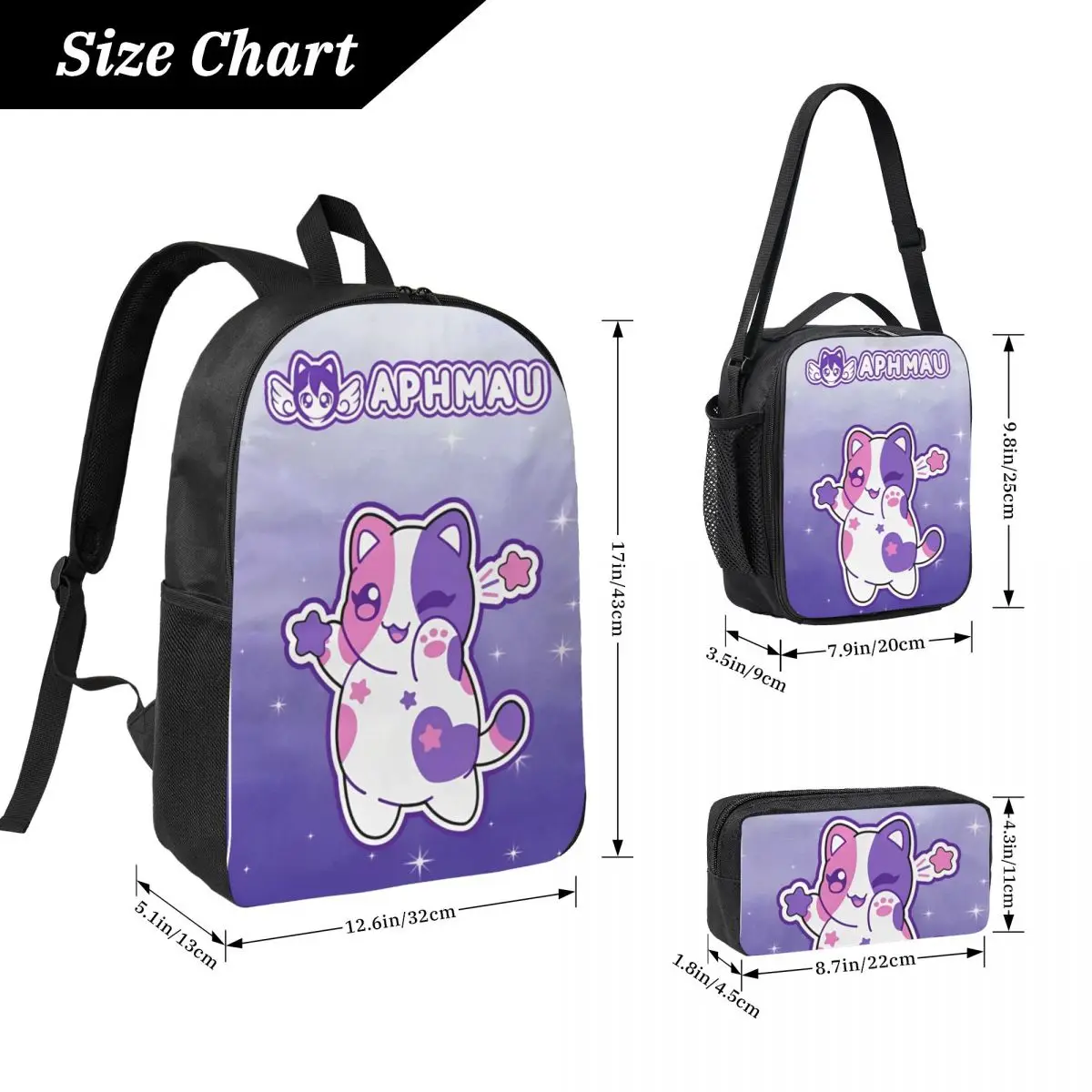 3Pcs APHMAU Kawaii Cats School bags Set for Kids Pen Bags Backpack Sets with Lunch Box For School Students Daypack