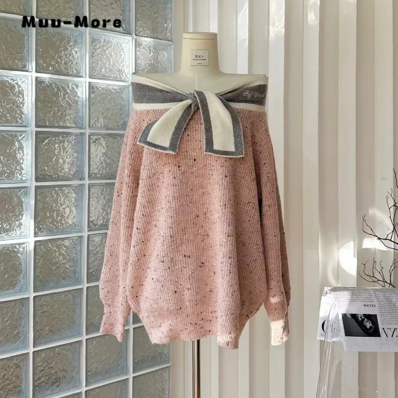 

2023 Autumn Winter Casual Bow Lace-up Knitting Long Sleeve Pullovers Women Hotsweet Solid Color Loose Ladies Sexy Sweater