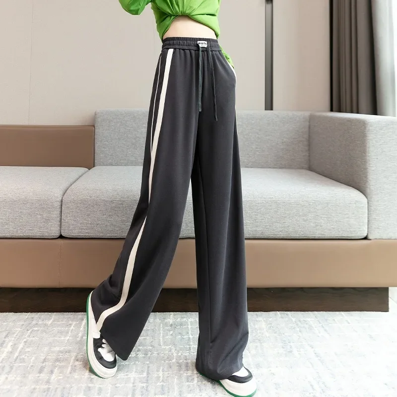 Calça feminina de perna larga listrada lateral, solta casual de cintura alta, bandagem, elástica, combina com tudo, primavera, outono, nova