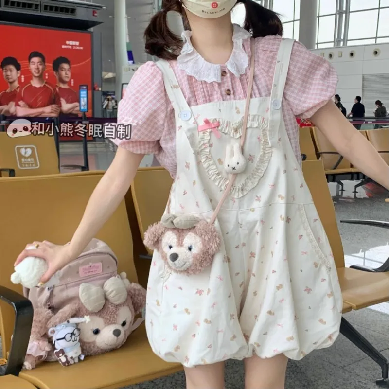

Japanese Peter Pan Collar Puff Sleeve Plaid Shirt Women+ Sweet Floral Print Bow Strap Shorts 2025 Summer New Two Piece Sets
