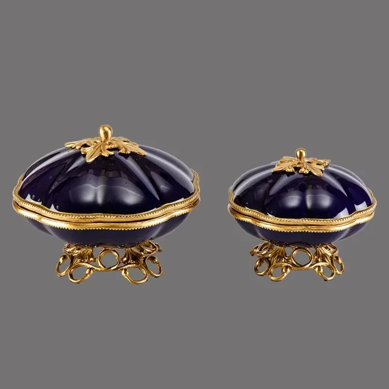 2021 Hot Sell Designs Royal Bluebrass Ceramic Fruit Candy Bowl Suitable for Home Restaurant Office Hotel Wedding Decorations