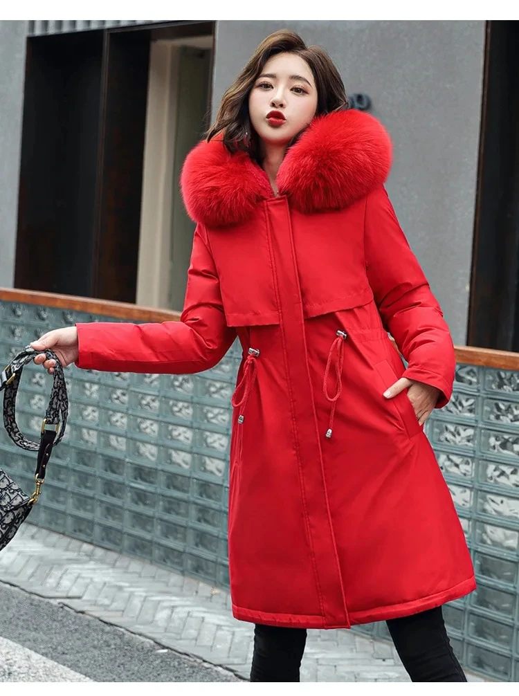 Winter European American New Women Cotton Jacket Mid To Long Style Big Fur Collar Cotton Jacket Down Jacket