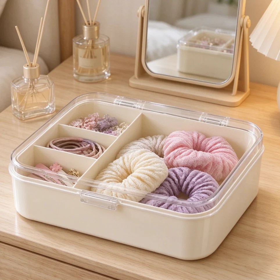 Desktop Organizer Box, Large Capacity Transparent Dust Proof Lid, Compartment Case for Hair Clips Hair Ties Kids Cosmetics