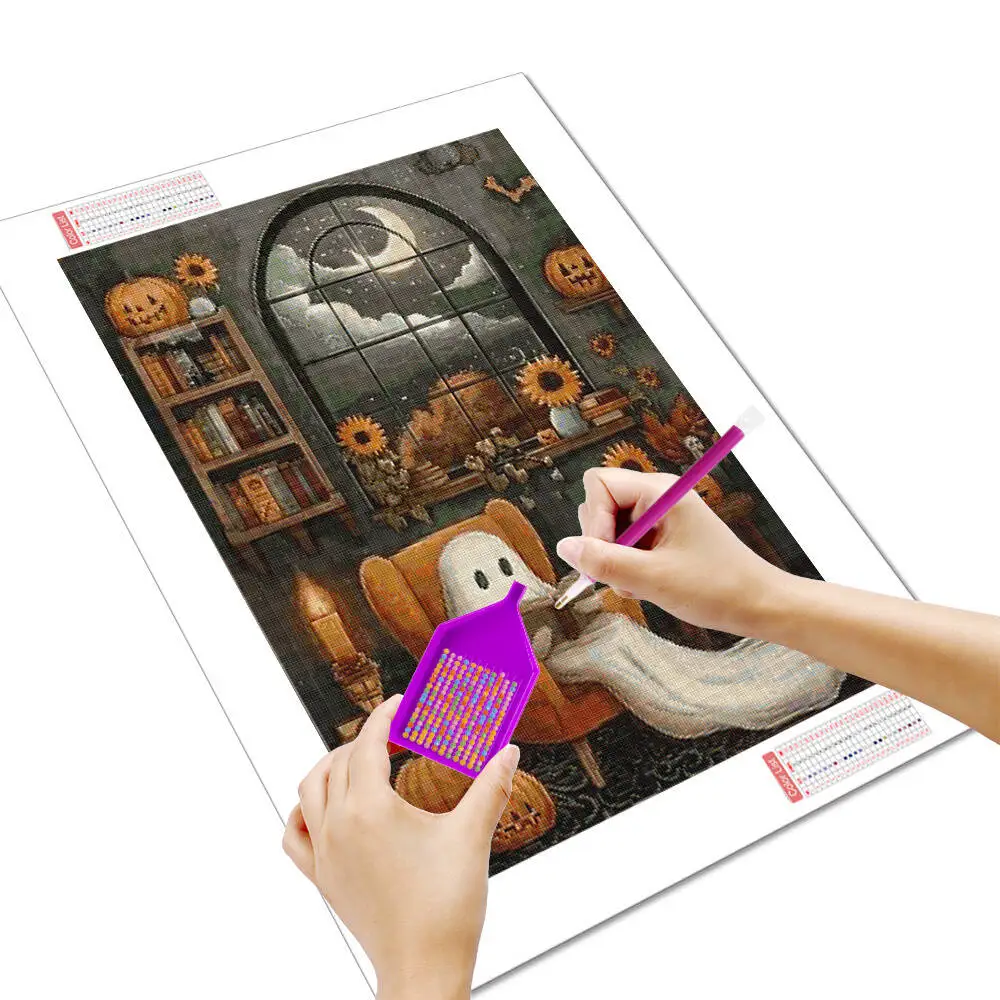 Huacan Halloween Diamond Painting Cute Cartoon Ghost Pumpkin Lantern Full Diamond Mosaic Kit Home Decor Gift