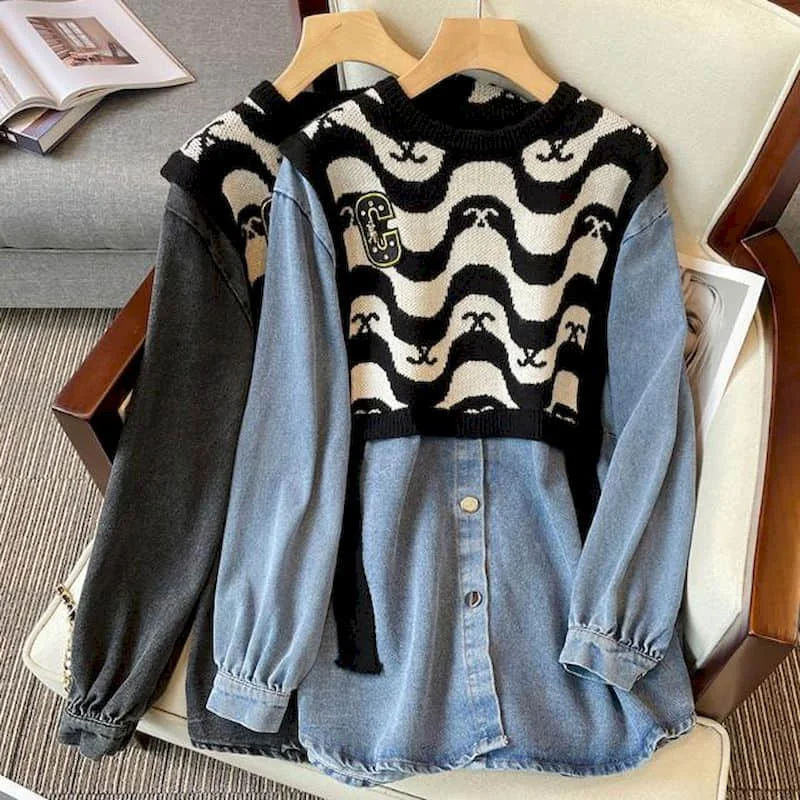 Shirts for Women O-neck Korean Style Oversized Blouse Wave Stripe Knit Patchwork Fake Two Pieces Long Sleeve Casual Women Tops