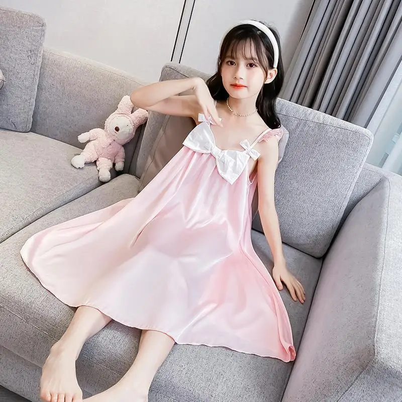 2026 New Summer Girls Sleeveless Ice Silk Nightgown for Air Conditioning