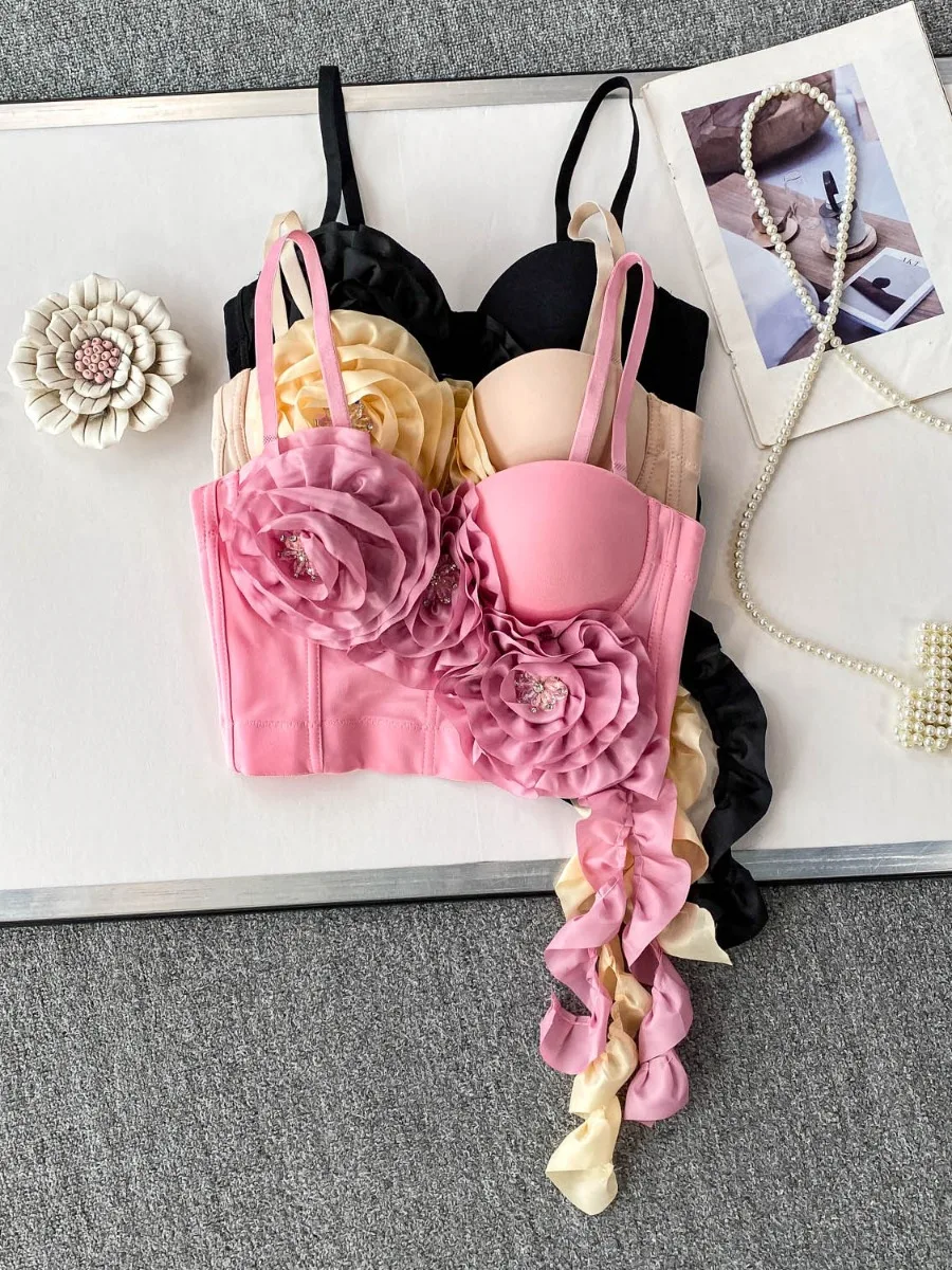 

Foamlina European Heavy Embellished 3D Floral Halter Bra Top Women's 2025 New Flowy Ribbon Fishbone Slimming Crop Top corset