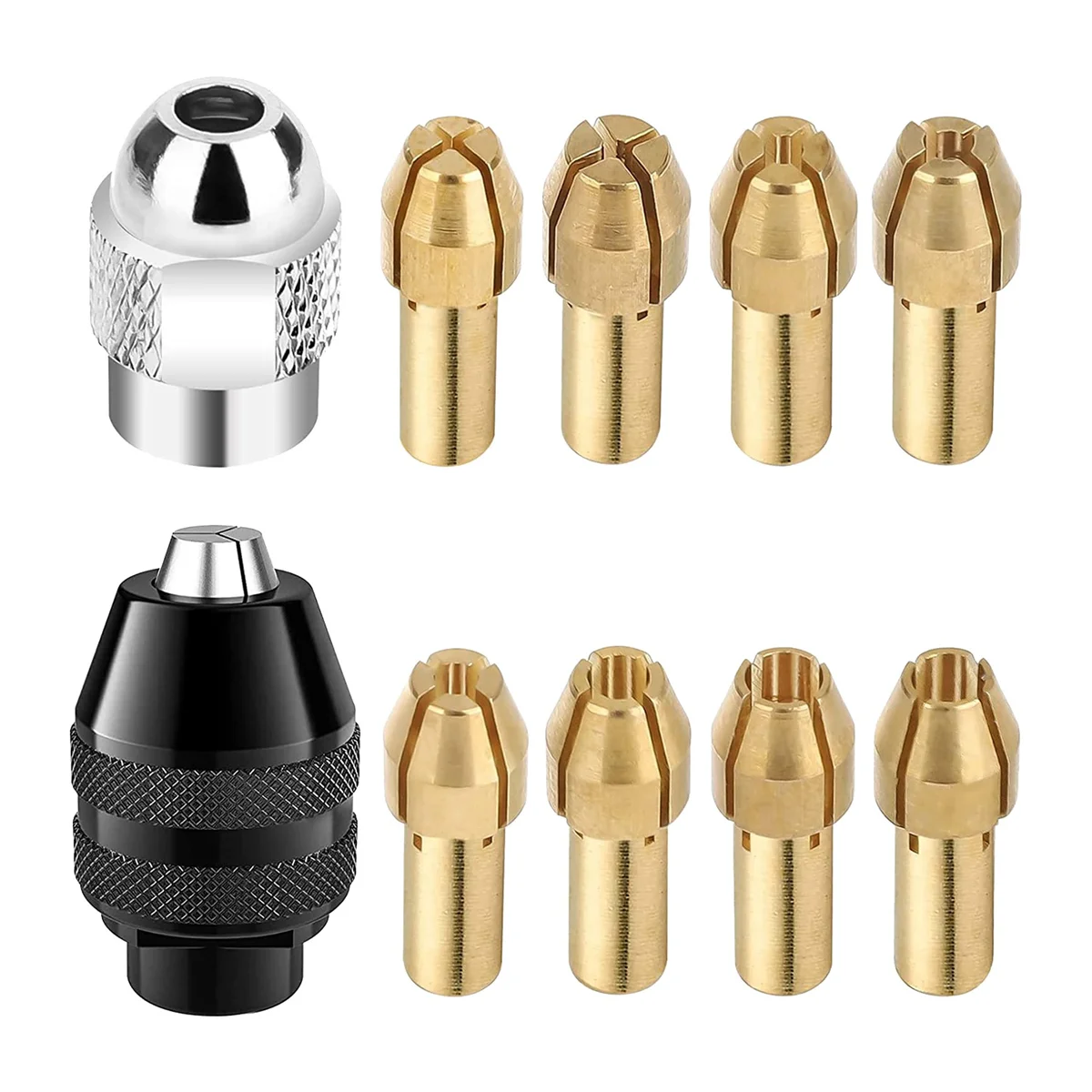 8Pcs Brass Collet Set with Keyless Drill Chuck, Replacement 4485 Brass Quick Change Drill Nut Tool Set