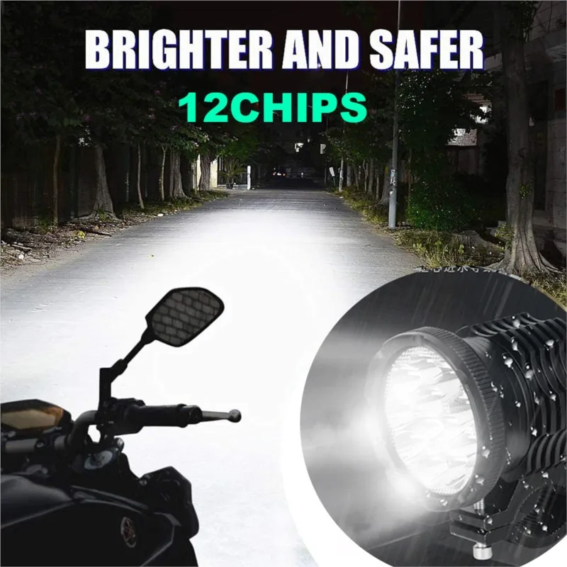 12 Chips Auxiliary LED Headlight For Motorcycle Spotlights 12-80V Long Range High/Flasher Beam Additional Front Moto Fog Lights