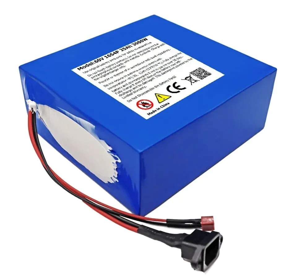 New 60V 25Ah 18650 battery 67.2V 16S4P 3000W rechargeable battery with same port BMS+charger, high quality, high battery life.