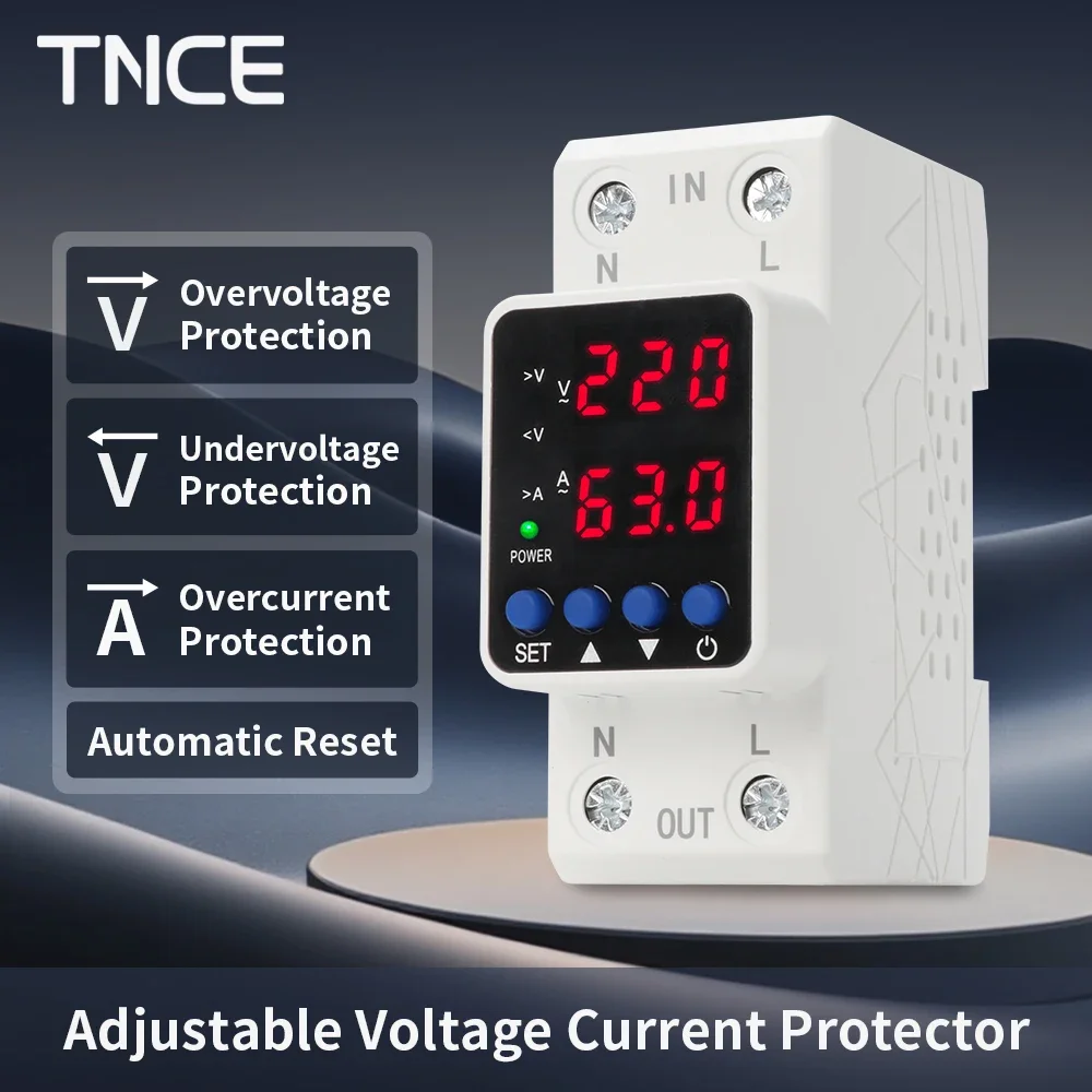

TNCE Dual Display Din Rail breaker 40/60A, Adjustable Over Voltage Current And Under Voltage Protective Device Protector Relay