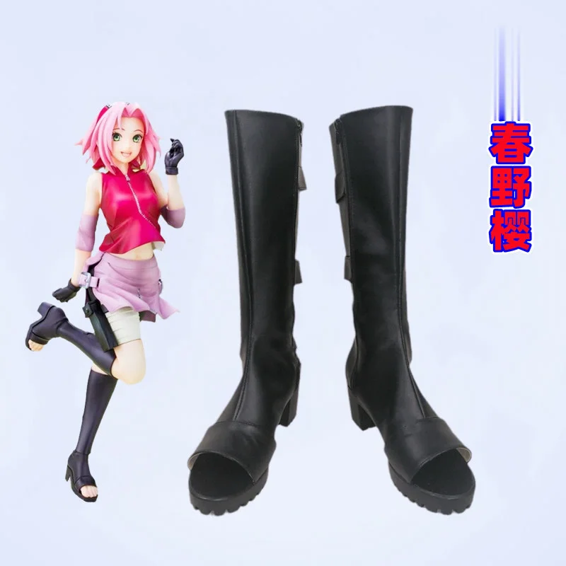 Buty do cosplayu Haruno Sakura, czarne buty ze skóry PU, akcesoria do kostiumu na Halloween, rekwizyty, wykonane na zamówienie.