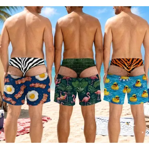 Calções de Banho Engraçados Personalizados, Calções de Praia da Moda, Presente de Aniversário Divertido, Calções de Verão, Calções de Praia com Estampa de Cueca Falsa