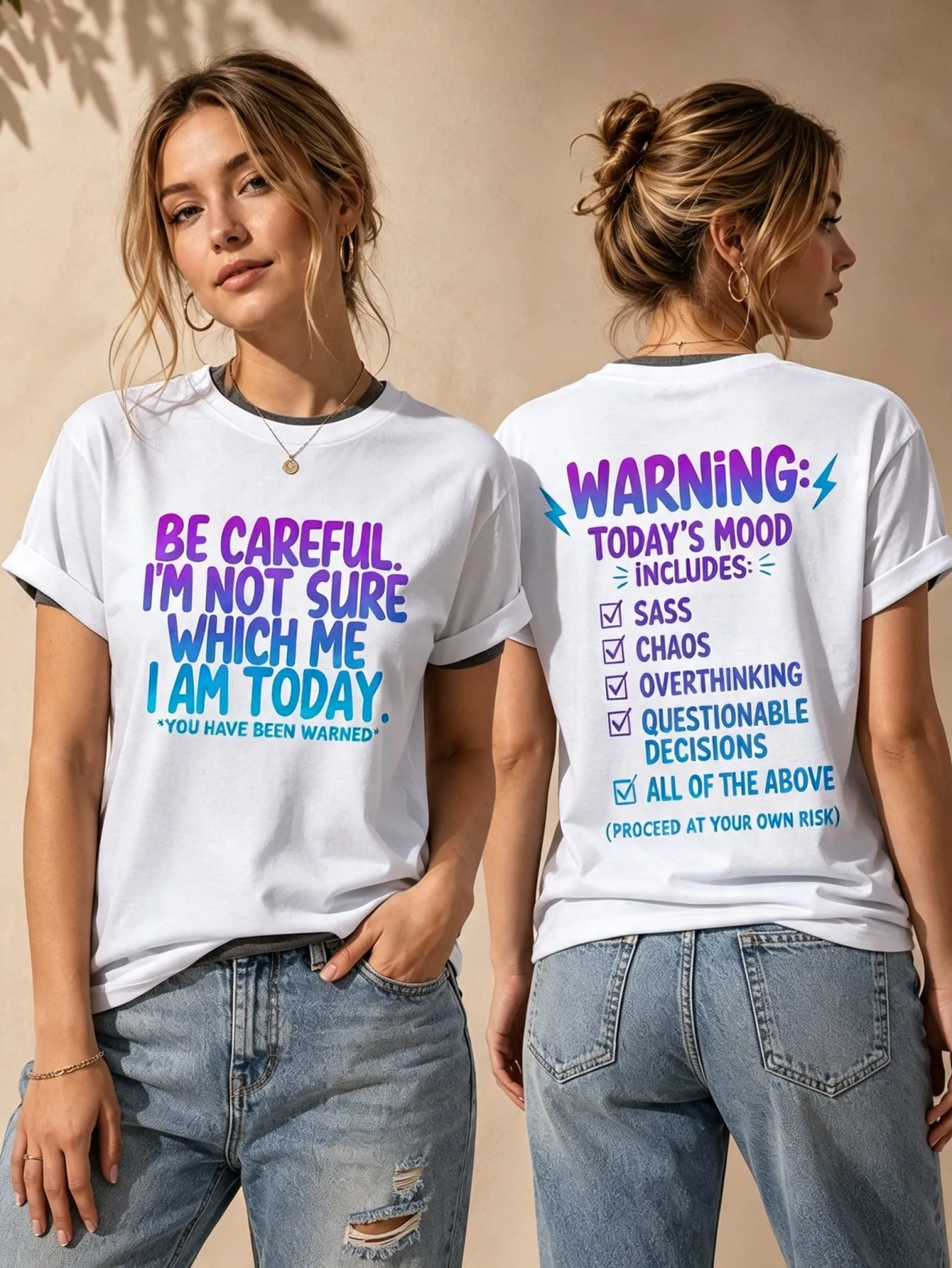 Ladies' Warning Sentiment English Slogan Printed Short Sleeved T-shirt, Casual Street Style Round Neck Loose Fit