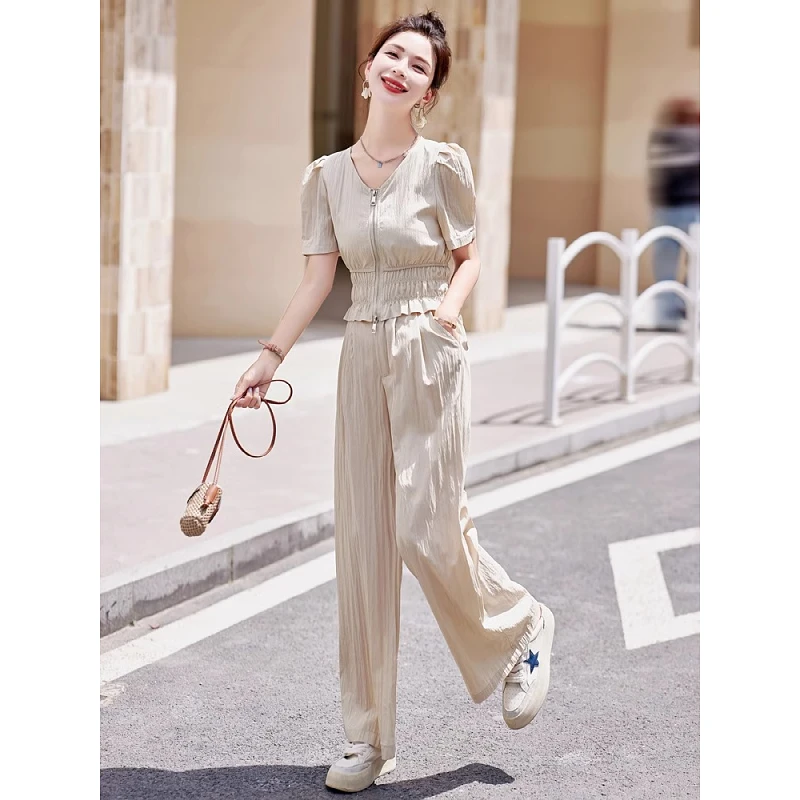 

Casual Suit Women's Summer V-neck Short Sleeve Zipper Top High Waist Wide Leg Pants Two-piece Set Fashion Female Clothes